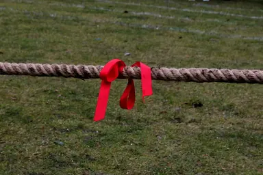 A tug of war rope with a ribbon on